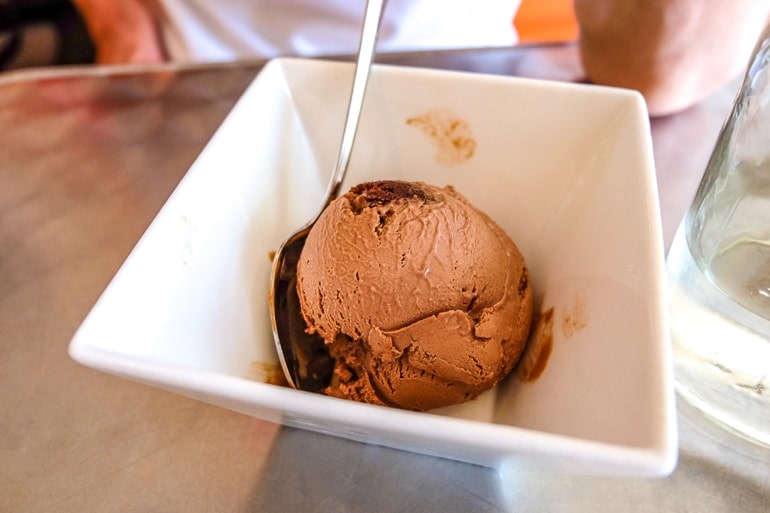 one scoop of chocolate ice cream in white bowl on table