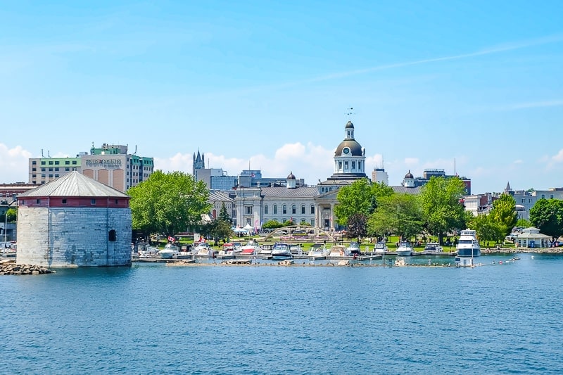 downtown kingston ontario buildings and boats at historic waterfront