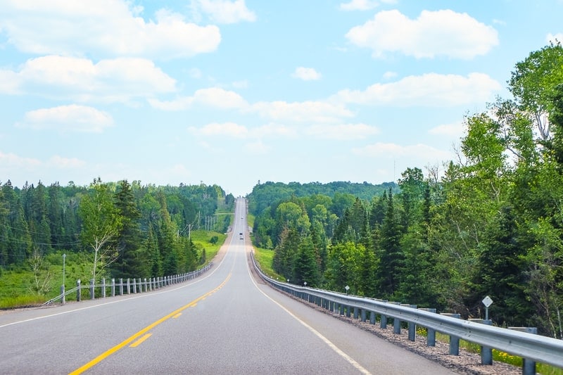 long road with yellow line through green forest in ontario