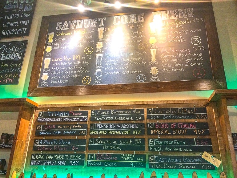 beer menu on chalkboard with taps underneath at brewery