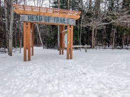 wooden trail sign with snowy ground below and forest behind