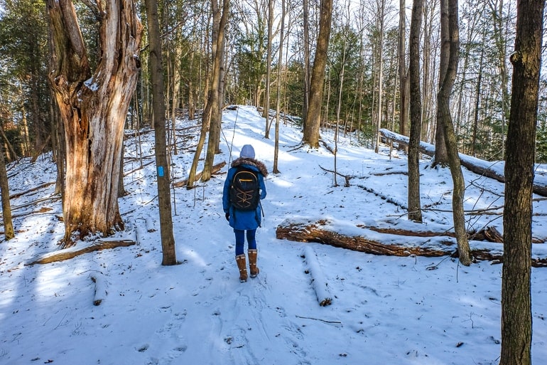 girl with orange backpack walking on trail in snowy forest.