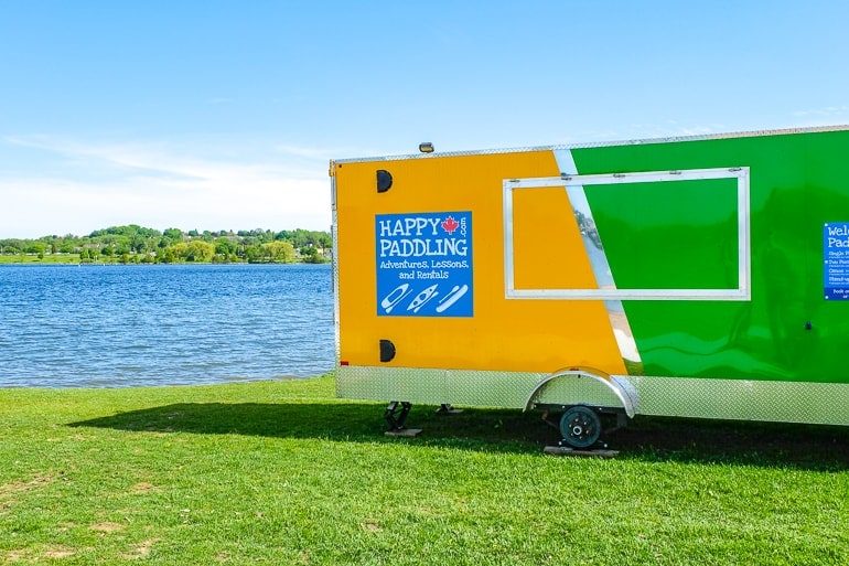 green and yellow boat rental trailer by barrie waterfront