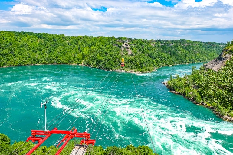 blue and white churning water of niagara river with green gorge walls around.