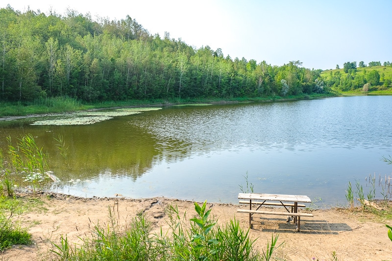 large blue lake with sandy shore and picnic table beside.