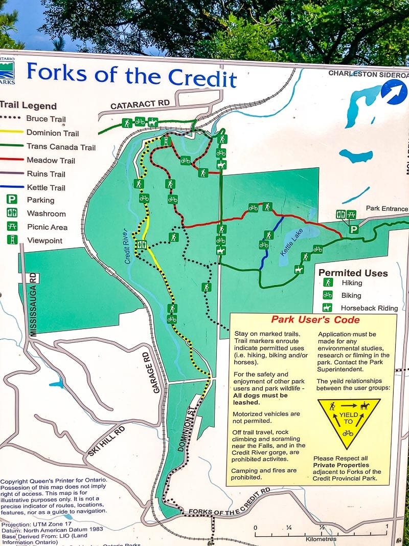 large sign showing forks of the credit hiking trails.