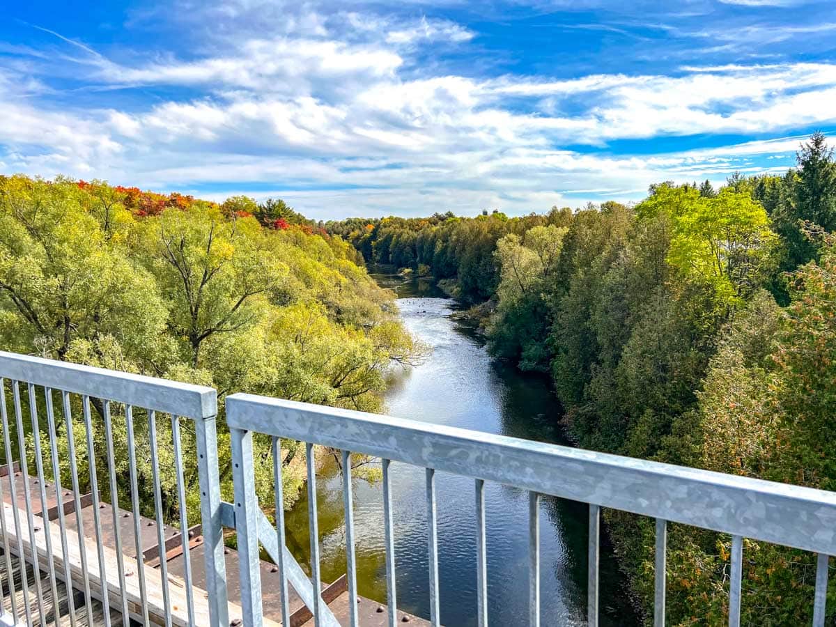 view of river from high bridge above with green trees lining both banks and blue sky above in elora ontario.