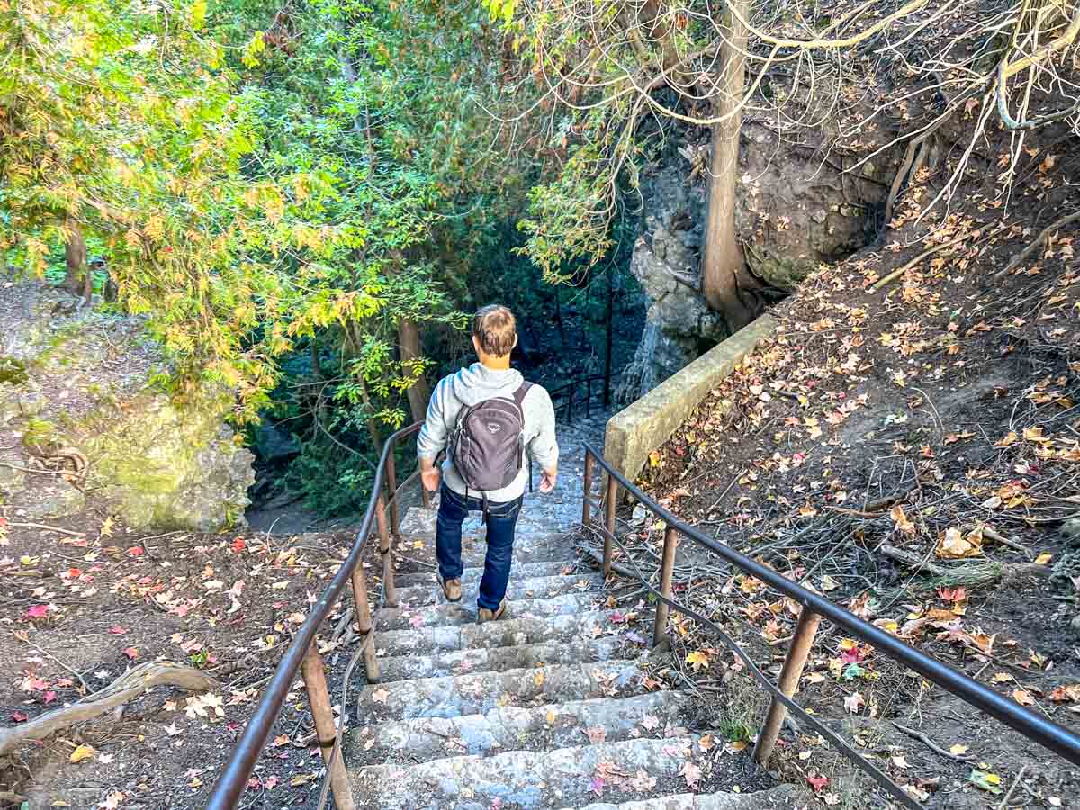 man with backpack walking down some forest stairs into gorge with rocks and trees beside.