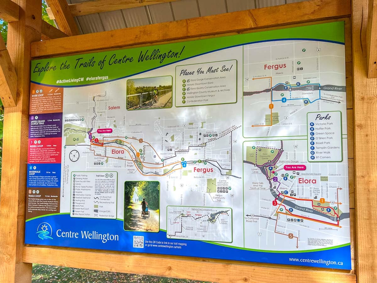 large outdoor sign post of trails in elora and fergus.