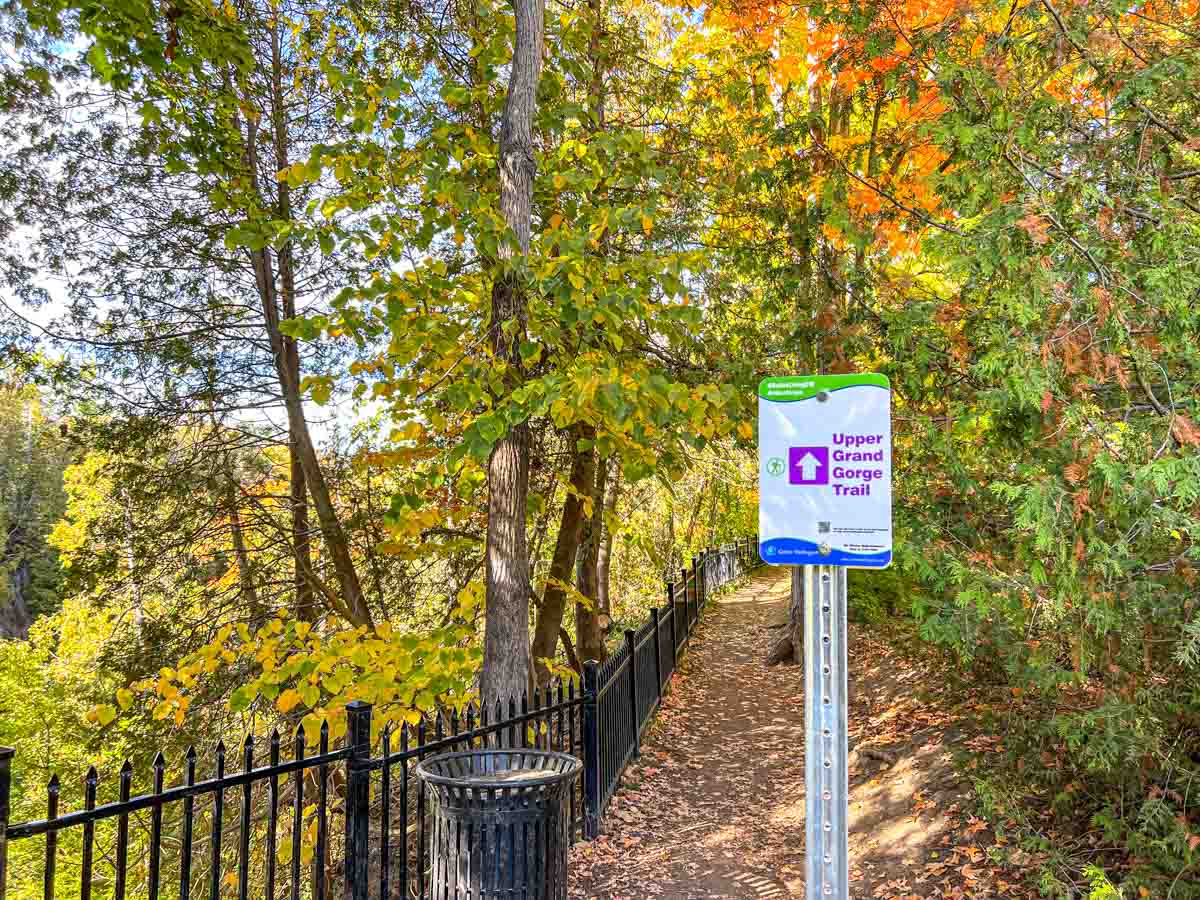 purple trail sign standing on leaf covered trail with black fence on one side and trees around.