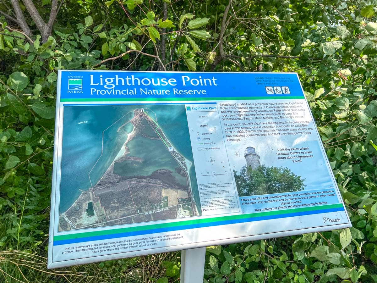 information sign for lighthouse point with vegetation behind.