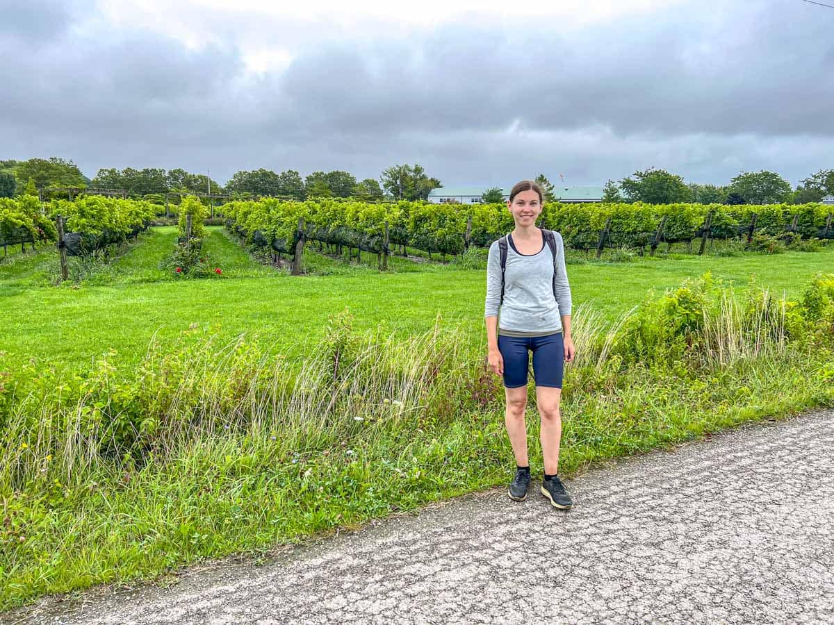 woman standing in front of vineyard grapes in field.